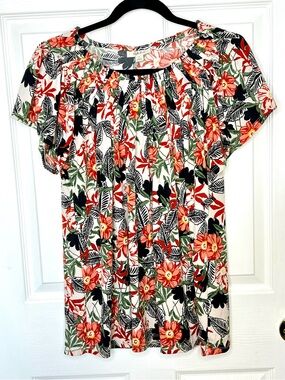 Style & Co Tropical Vacation Floral Top Gathered Neck Blouse Large
